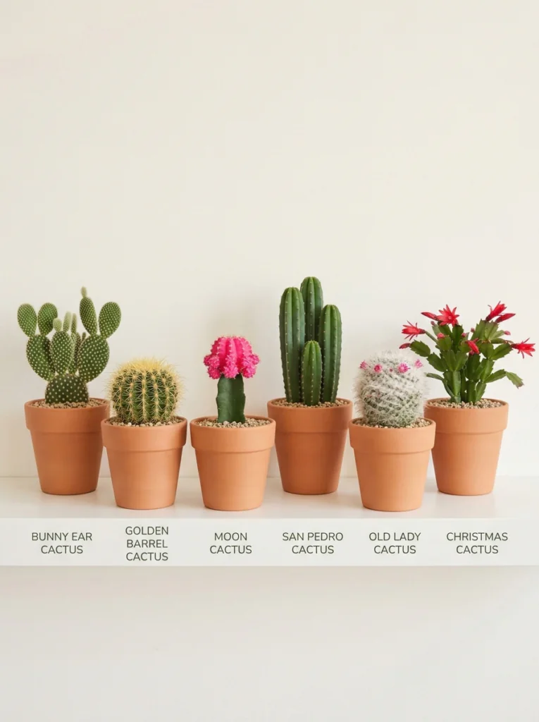 Best cacti for indoor living rooms including bunny ear, golden barrel, and moon cactus