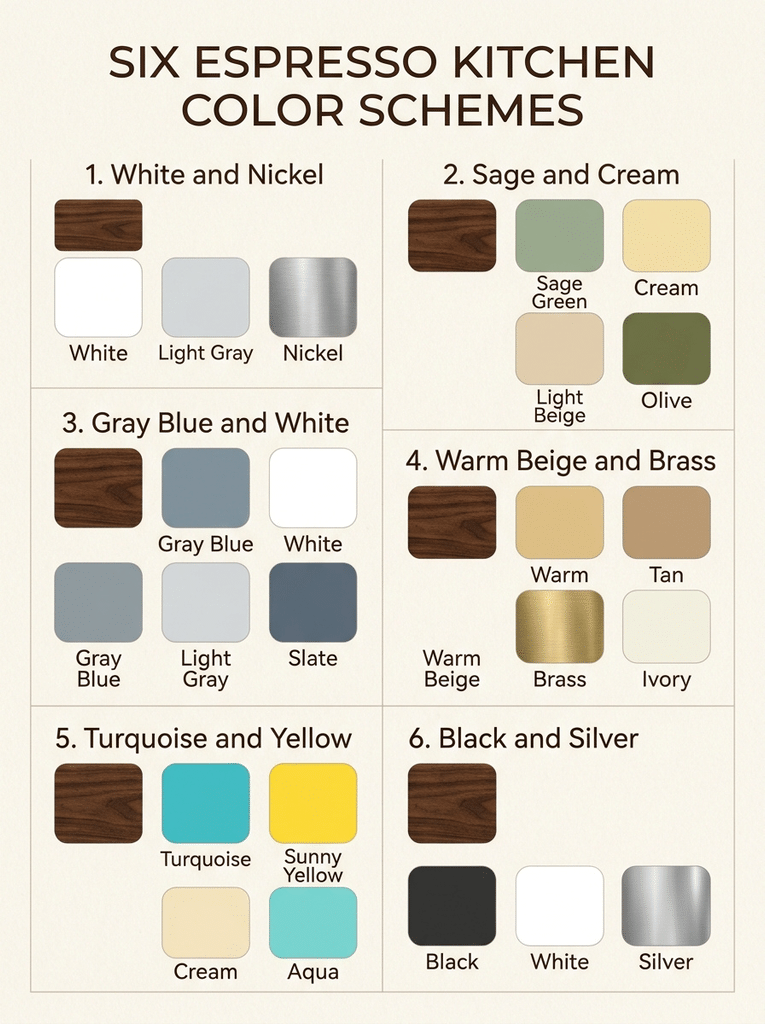 Six color palettes for espresso kitchen cabinets including white, sage, gray blue, beige, turquoise, and black