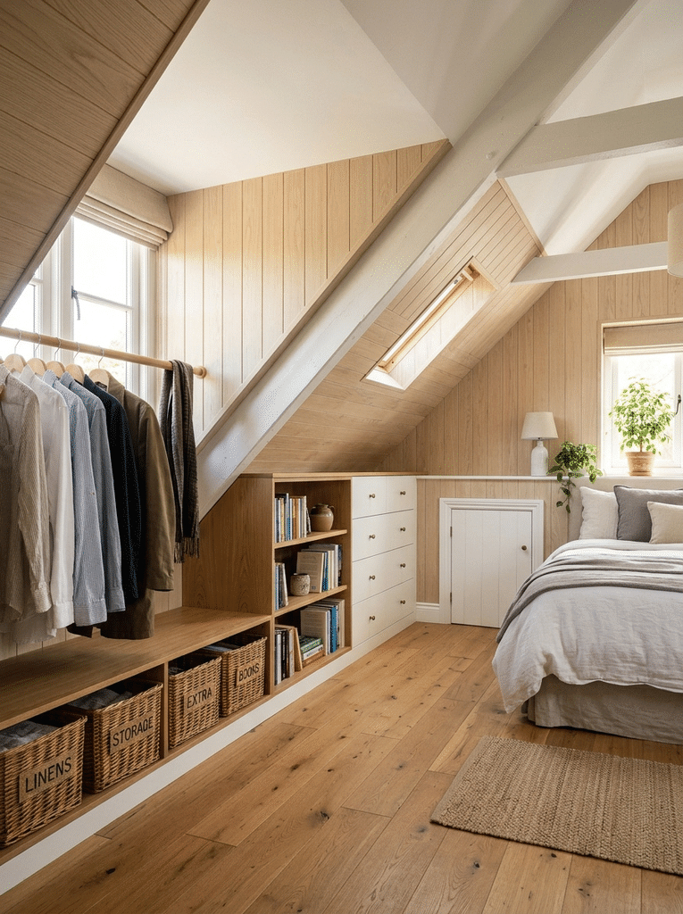 Sloped ceiling bedroom storage ideas including under eave drawers, low bookcase, knee wall door, and hanging clothes rail