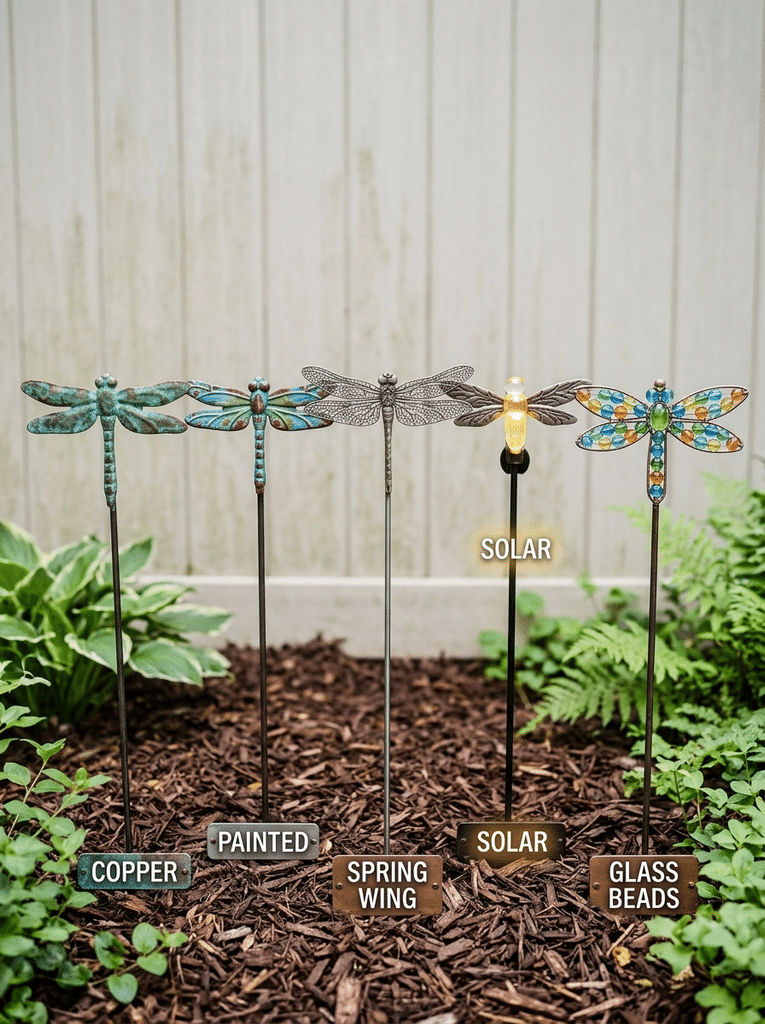 Five types of dragonfly garden stakes including copper, painted metal, spring wing, solar, and glass bead