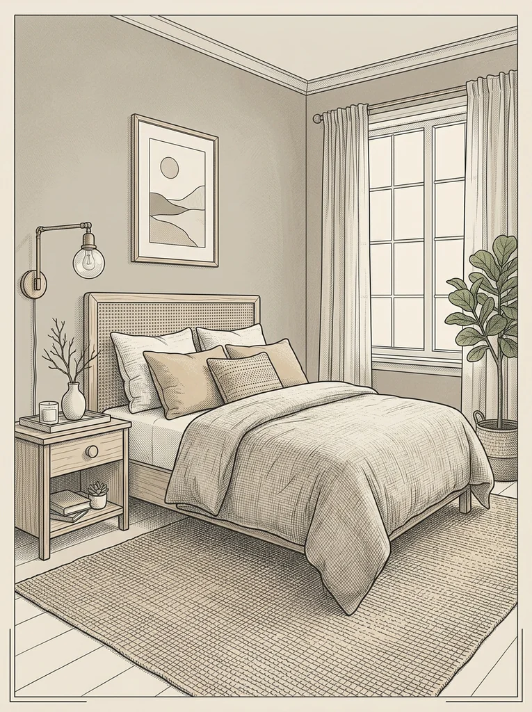 Bedroom decor ideas neutral palette with greige, cream, sand, and natural textures