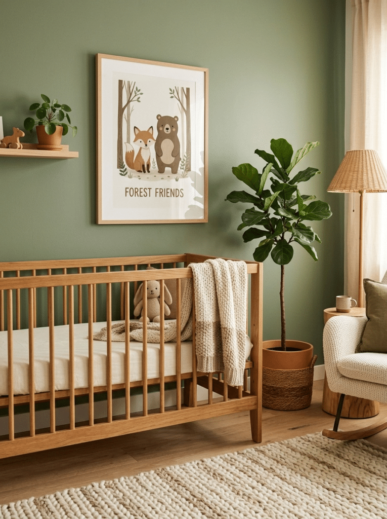 Woodland baby boy bedroom decor with fox and bear prints and earthy colors