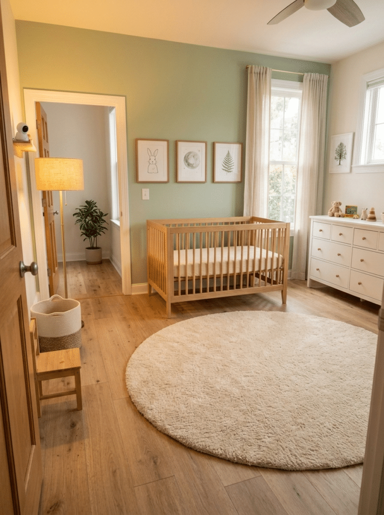 Nursery wall art, lighting, and rug in baby boy bedroom decor