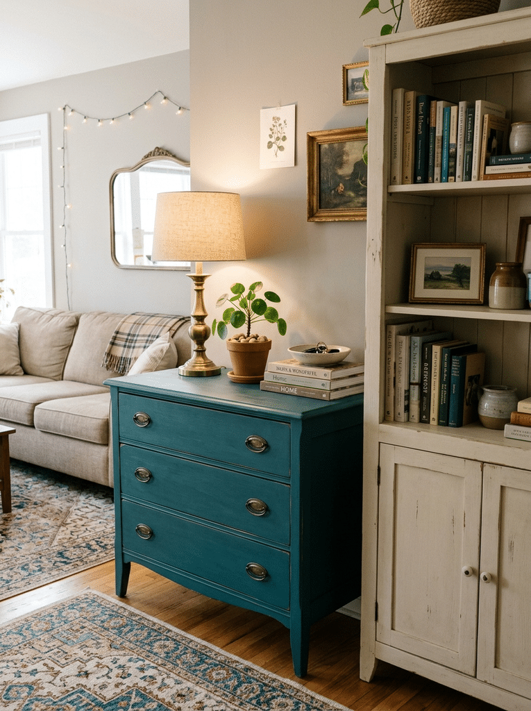 Painted thrift store dresser used as a living room media console with closed storage.