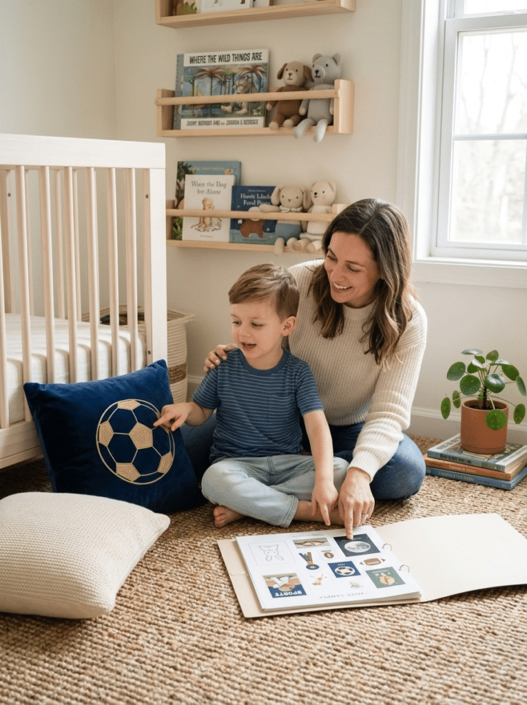 Parent and little boy choosing boys bedroom sports decor together