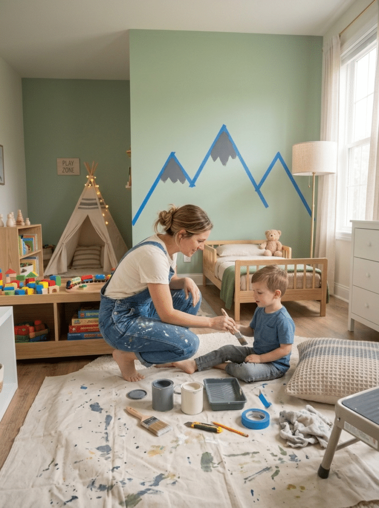 Parent painting a DIY mountain mural for baby boy bedroom decor