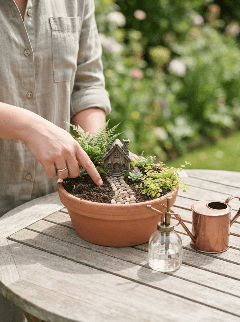 Checking soil moisture in a fairy garden as part of miniature garden care