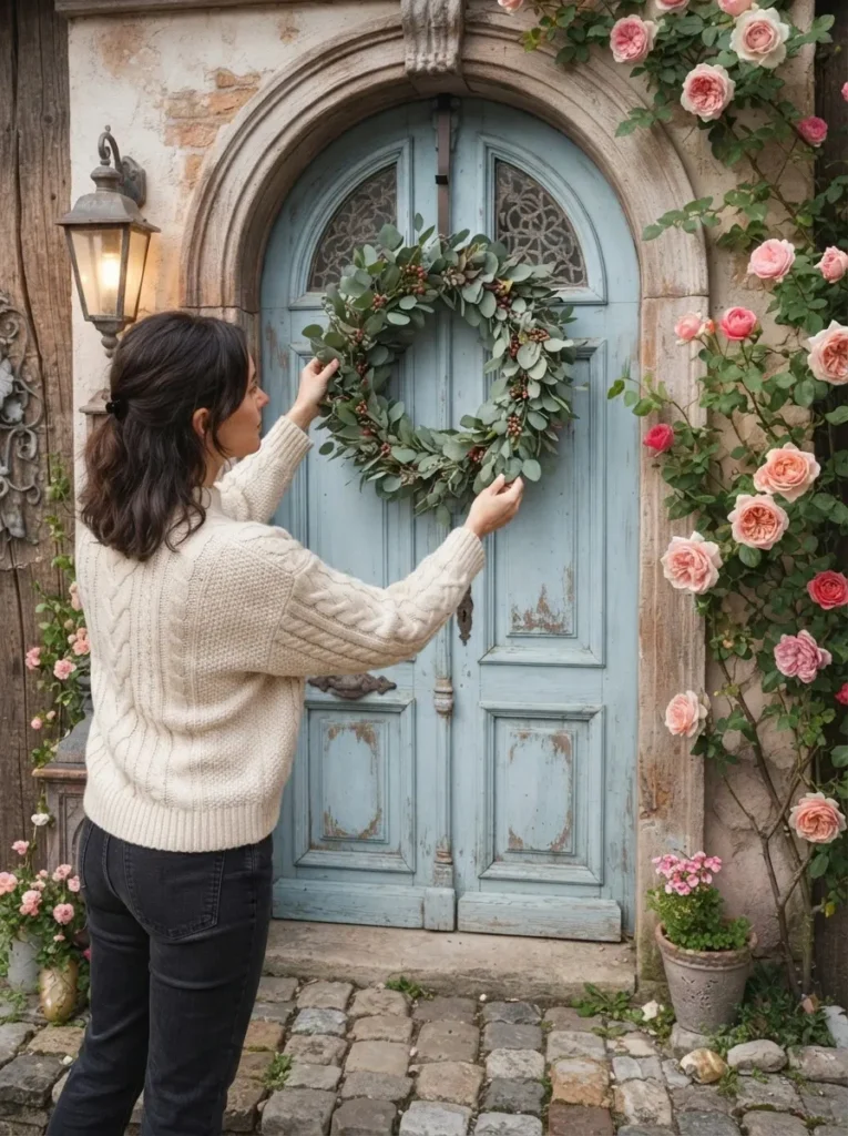 A person hanging a wreath on a door with an over the door hanger, with the wreath centered at eye level.