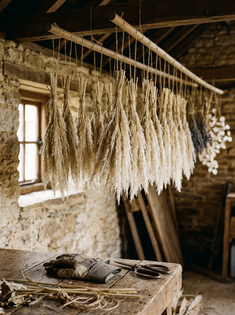 Fresh cut pampas grass plumes hanging upside down to dry beside garden gloves and scissors