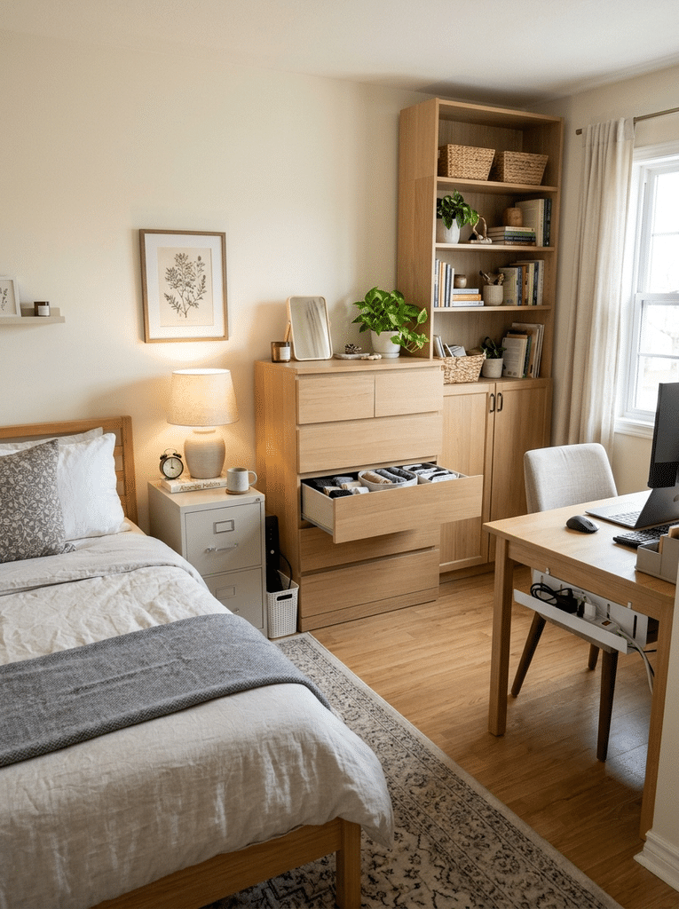 Dual purpose bedroom office furniture including a filing cabinet nightstand, dresser storage, and closed shelves