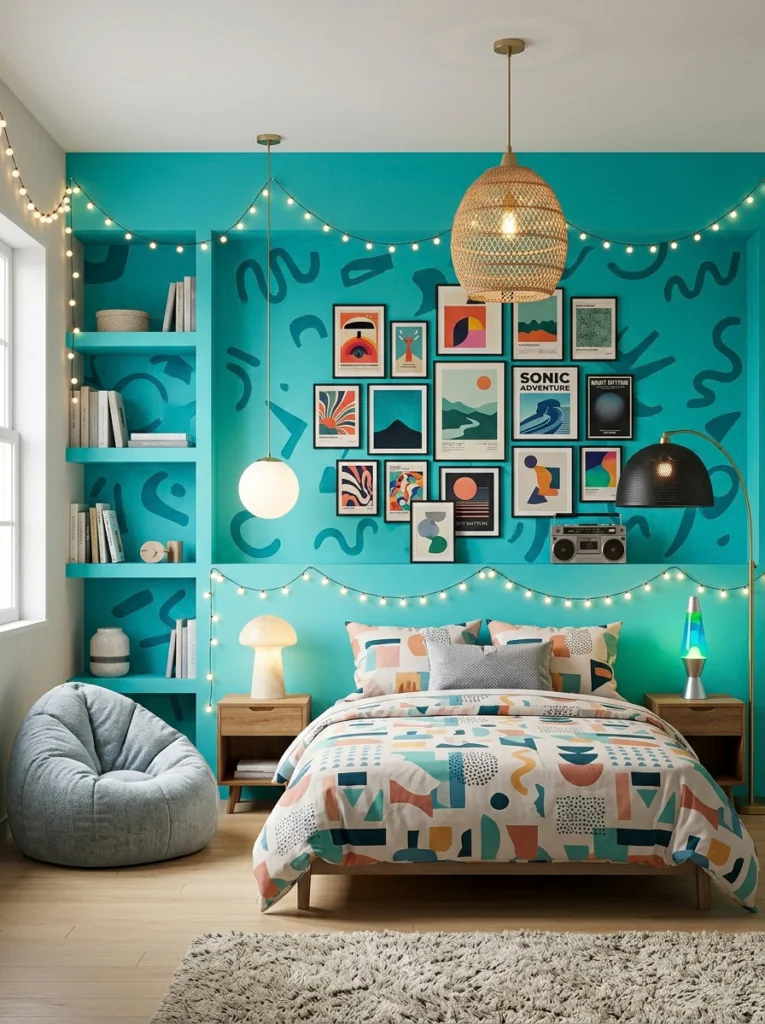 90s bedroom decor with a teal accent wall, lava lamp, string lights, and bean bag chair