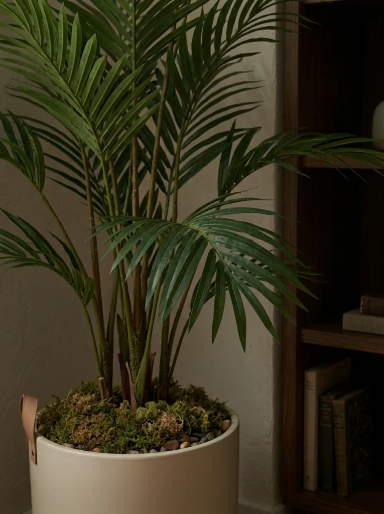 Realistic faux palm in a pot with moss for living room decor in a low light corner