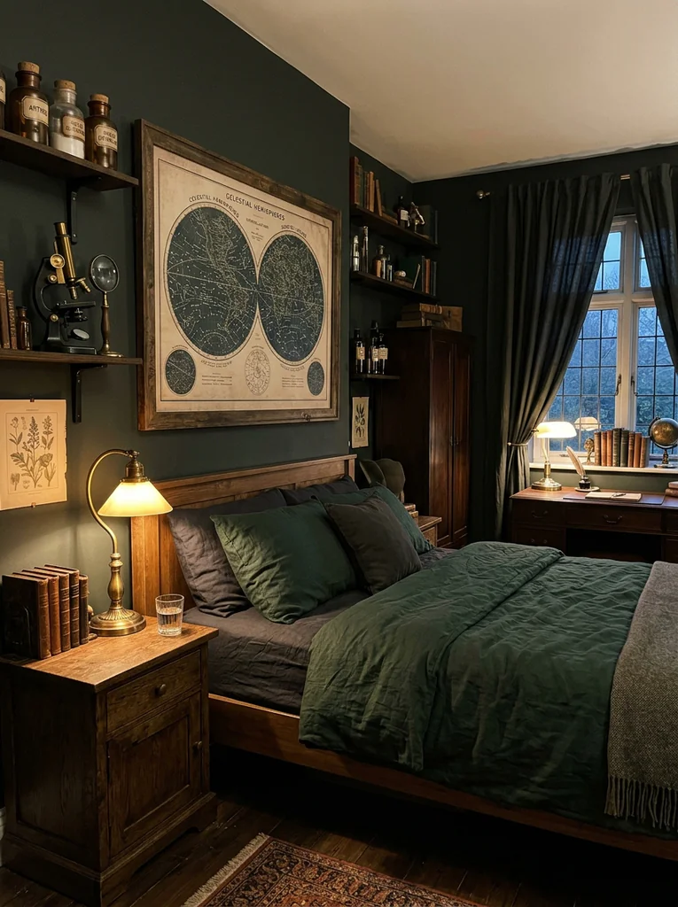 Adult science bedroom ideas with dark walls, vintage star chart, brass lamp, globe, microscope, and apothecary jars