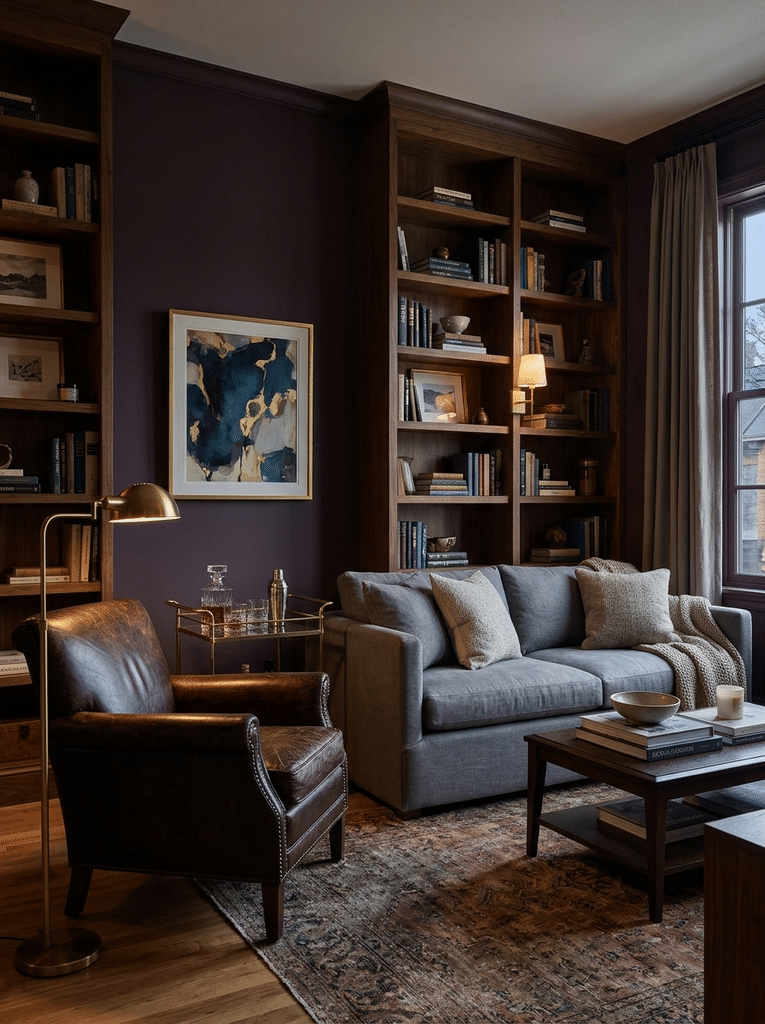 Sophisticated living room with aubergine walls, bookshelves, leather chair, and brass lamp for adult purple room ideas