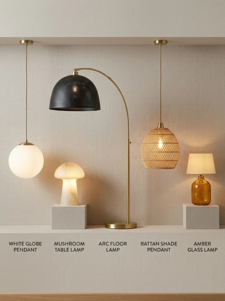 Retro lighting ideas for 70s bedroom decor including globe, mushroom, arc, and rattan lamps