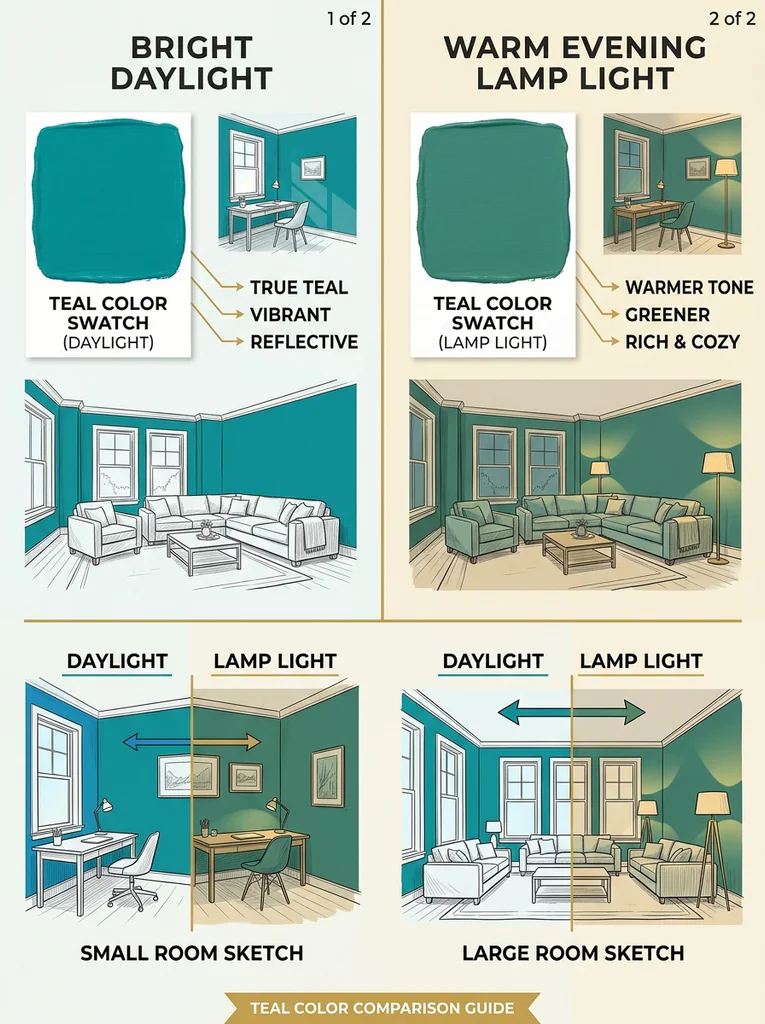 Comparison of teal paint in daylight and warm lamp light for different room sizes