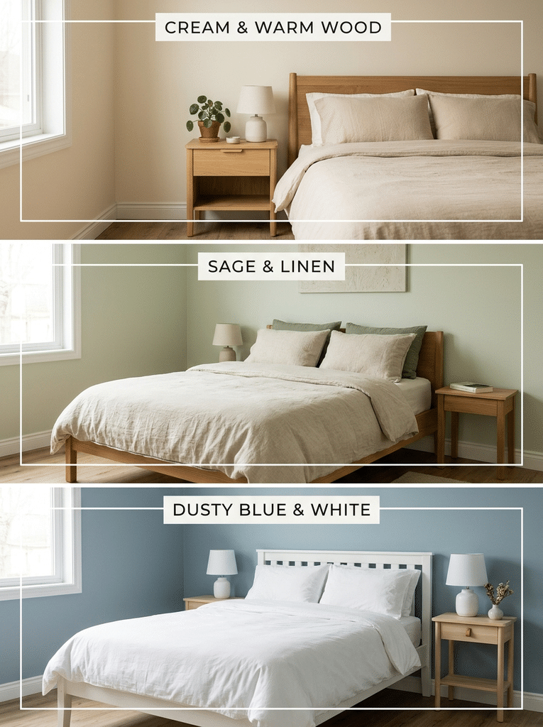 Three calm bedroom palettes for Christian bedroom decor: cream and wood, sage and linen, and dusty blue and white