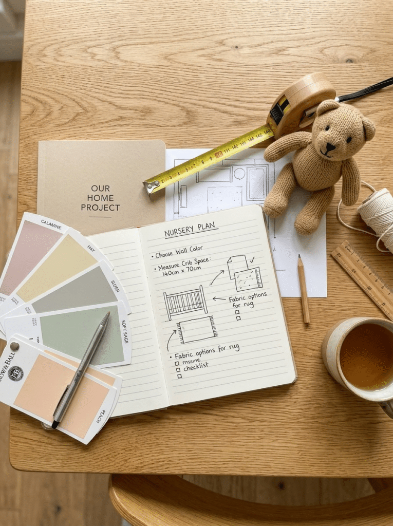 Planning baby boy bedroom decor with paint swatches and a tape measure