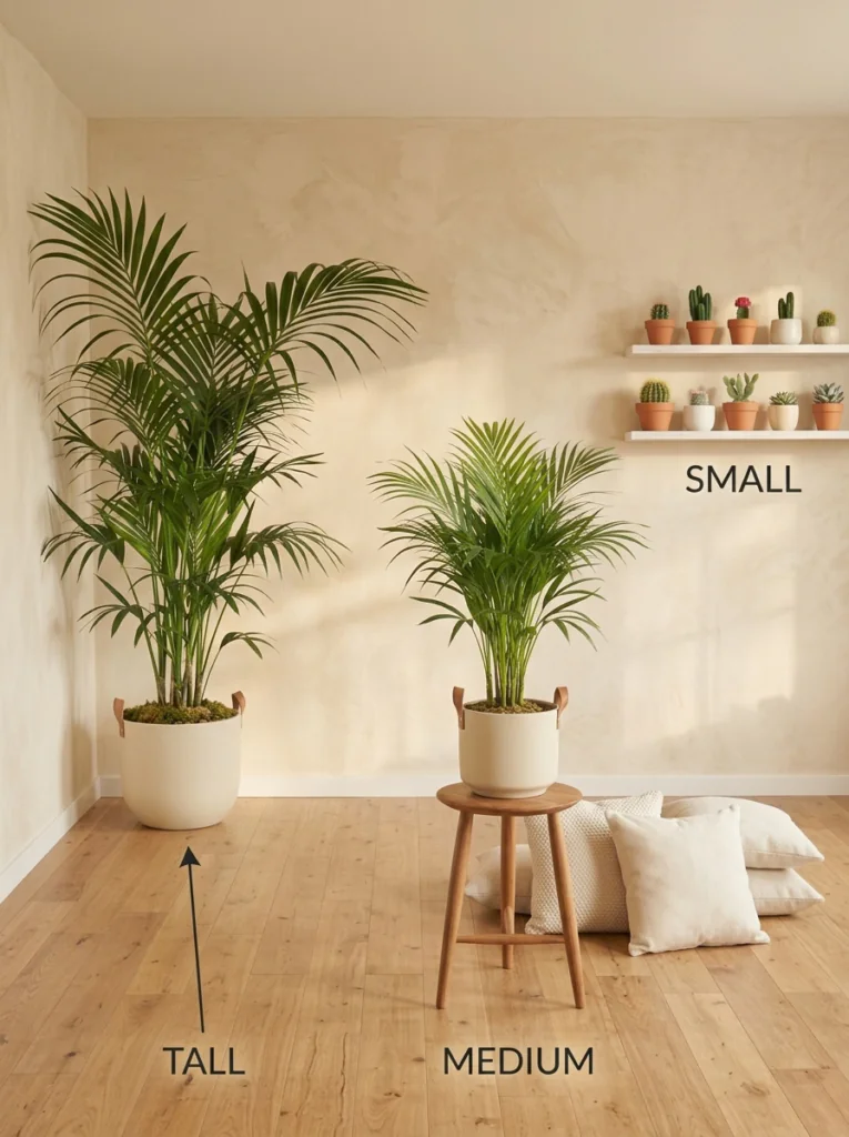 Infographic showing three layers of plant height for living room plant decor