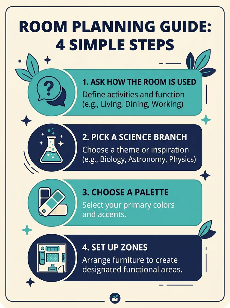 Four step plan for science bedroom decor: ask about use, pick a branch, choose a palette, and set up zones