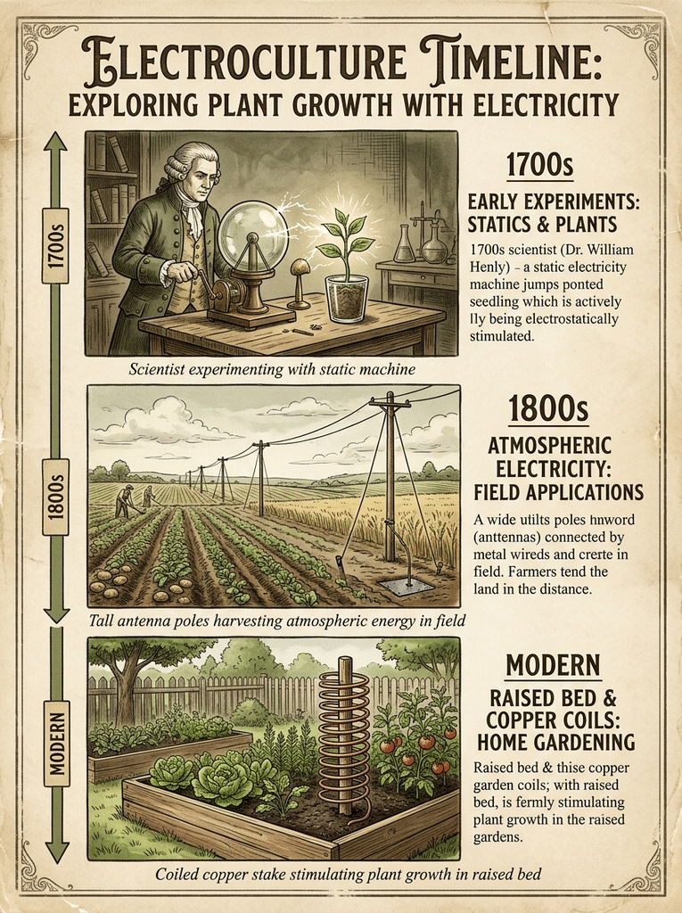 Timeline of electroculture gardening from 1700s experiments to modern copper coils in raised beds