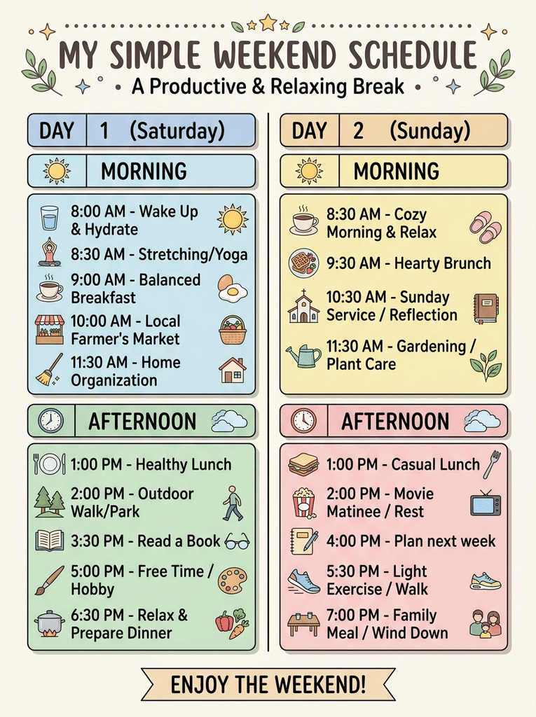 Weekend plan for DIY living room decorating with tasks for Day 1 and Day 2.