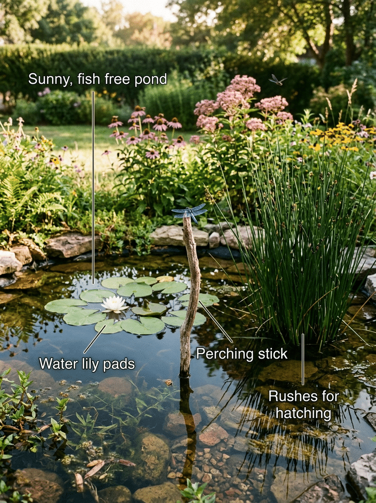 Backyard dragonfly pond with a perching stick, water lily, rushes, and tall flowers to attract real dragonflies