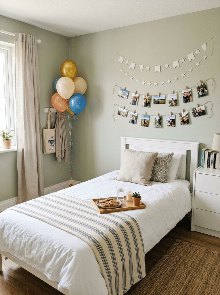 Small bedroom birthday decor using paper garlands, a few balloons, and a photo string.