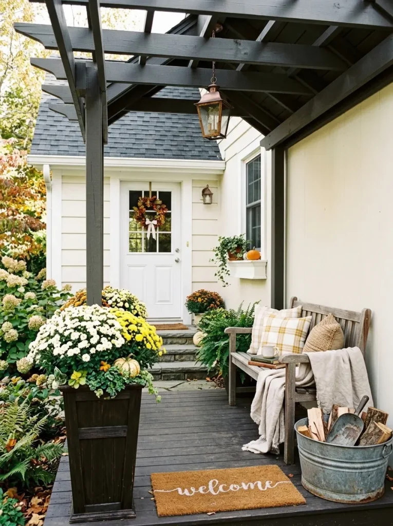Light colored mums brightening a small shaded covered front porch