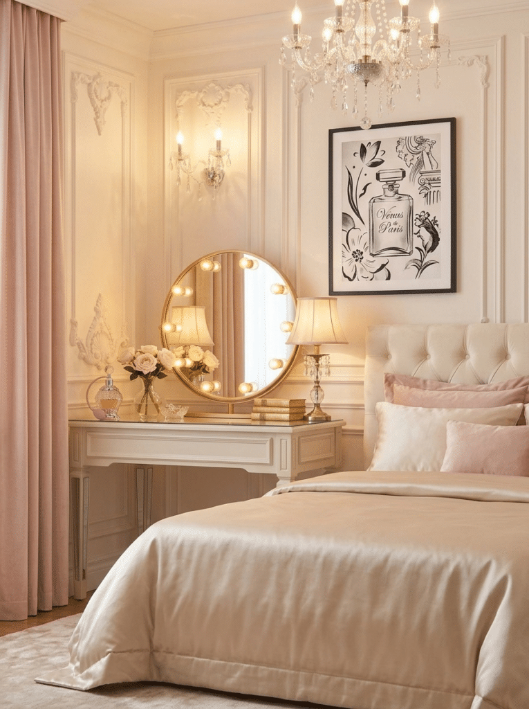 Marilyn Monroe bedroom decor inspired by soft satin, blush tones, and a vintage vanity
