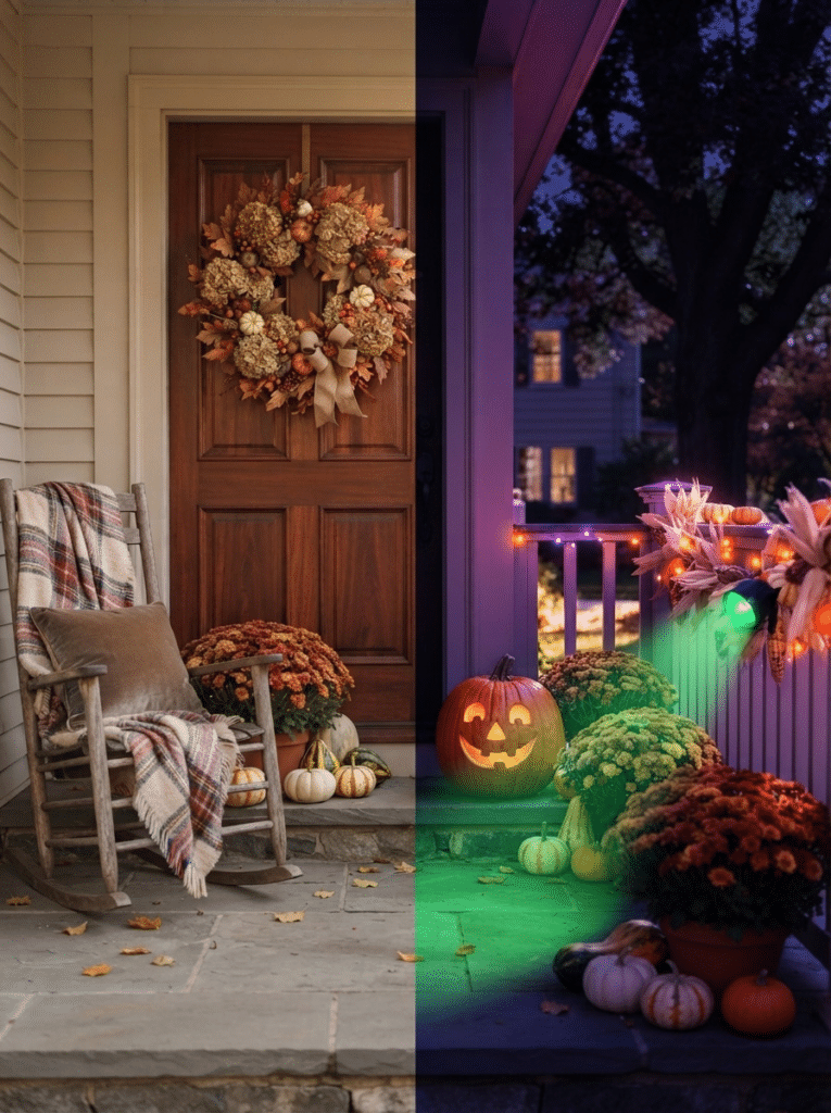 Halloween door lighting ideas shown day and night