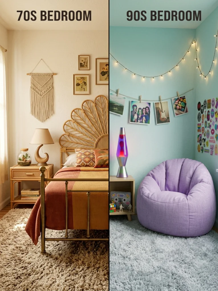 70s vs 90s Bedroom Decor: 