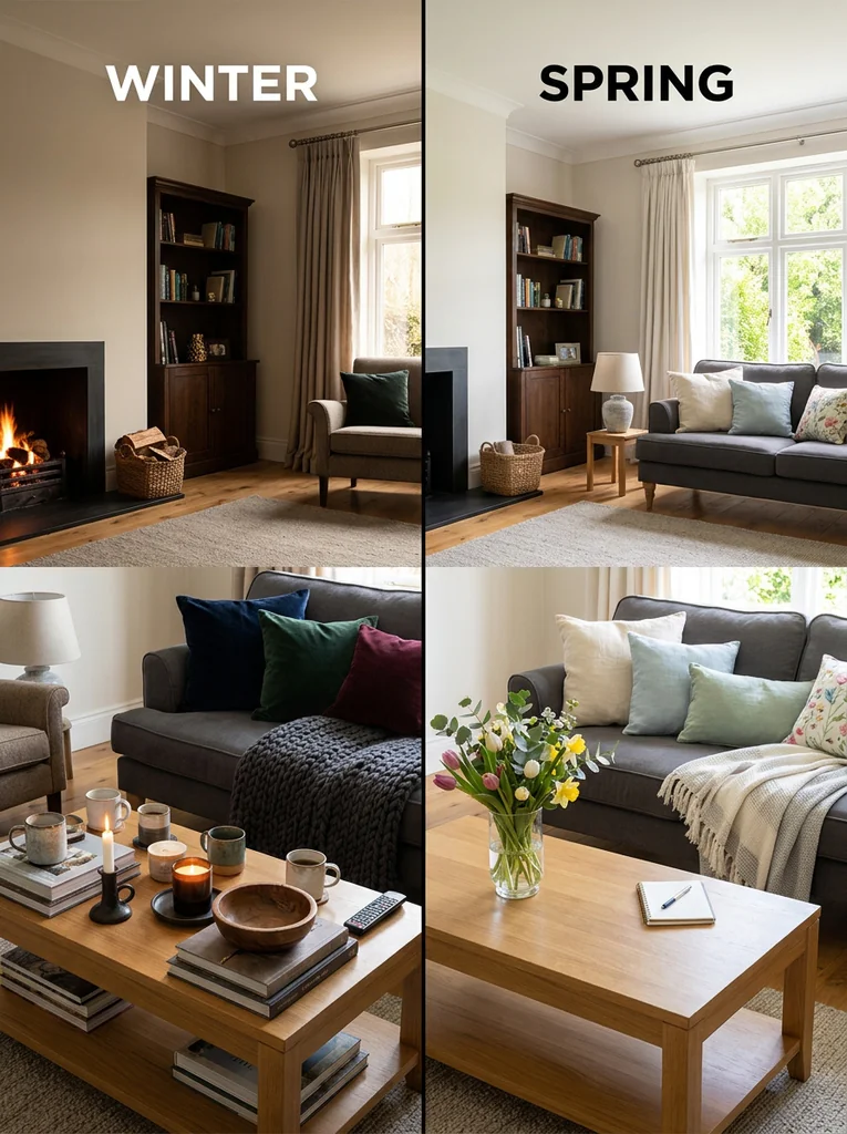 Living room before and after showing a winter look and a spring refresh with lighter textiles and fewer objects