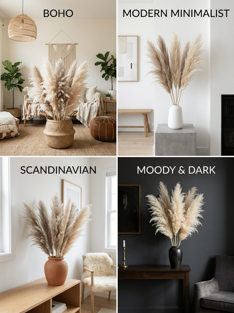  Four bedroom styles showing pampas grass decor in boho, modern, Scandinavian, and dark moody looks