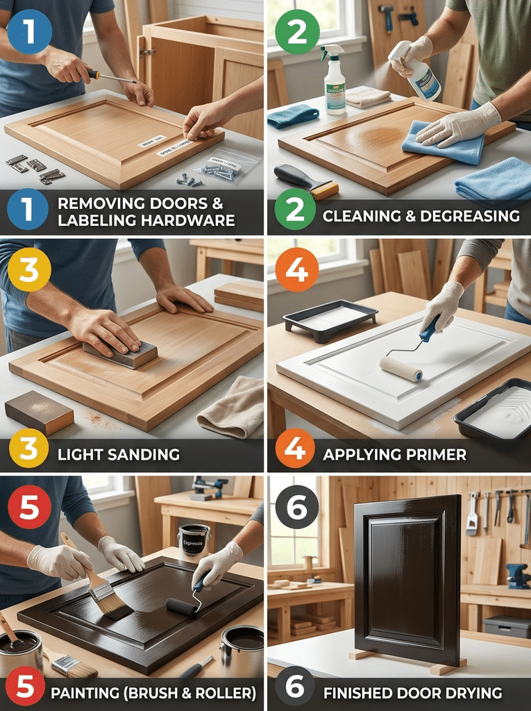 Six steps to paint kitchen cabinets espresso including cleaning, sanding, priming, painting, and drying