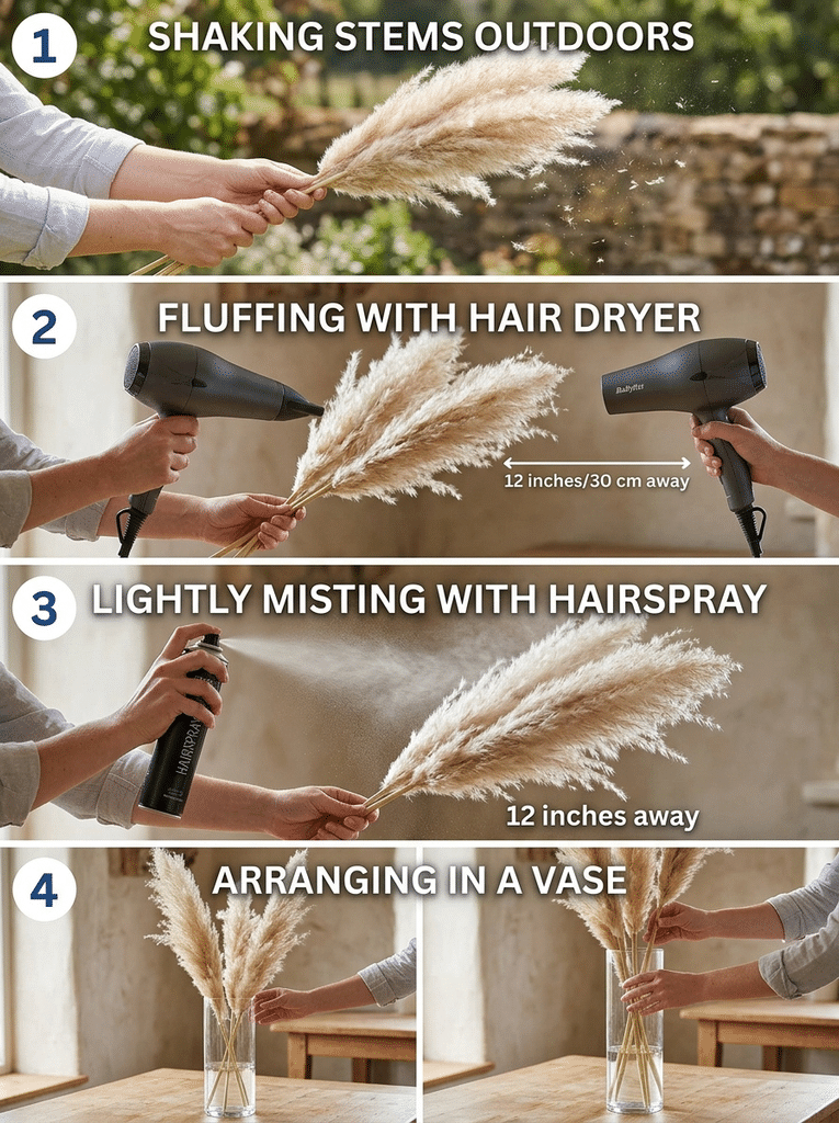 Four steps to prepare pampas grass by shaking, fluffing, sealing, and arranging stems in a vase