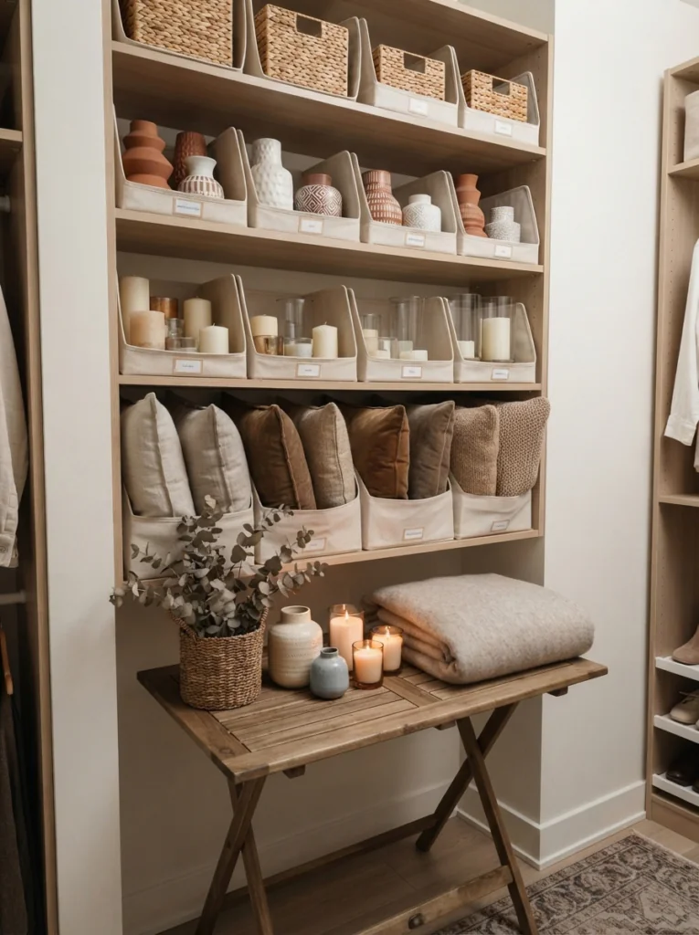 Pulling baskets, vases, and pillows from storage for fall decorations.