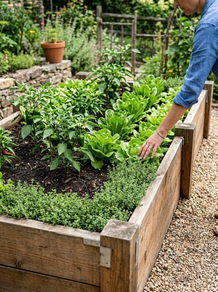 Raised bed vegetable garden with thyme border and gravel path