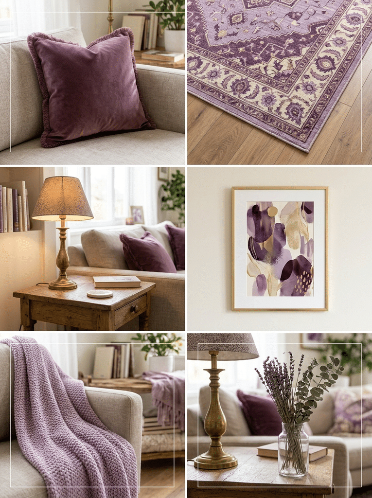 Purple decor details including velvet pillows, a patterned rug, brass lamp, violet art, and a lavender throw