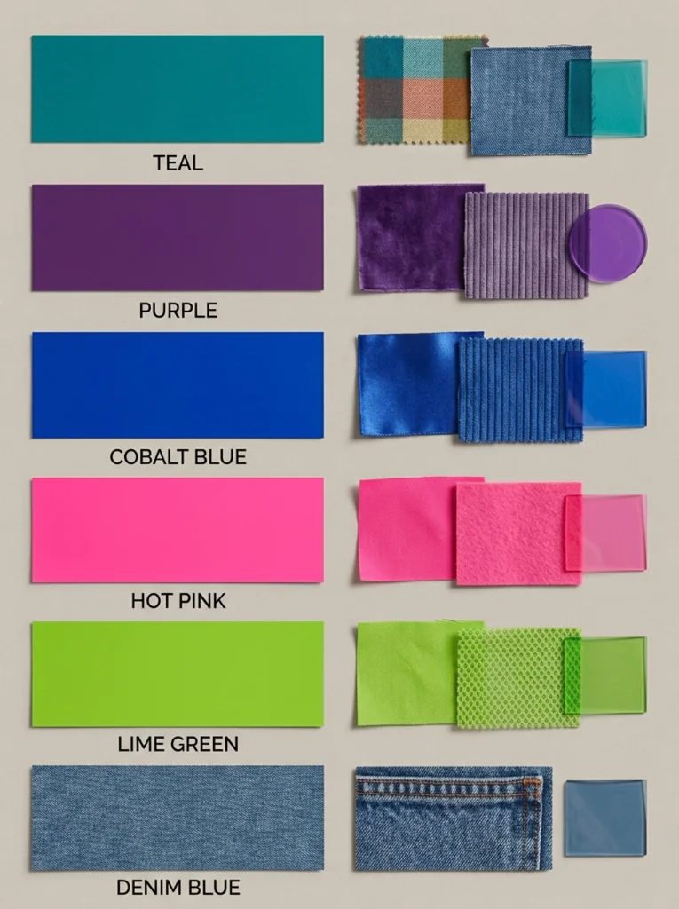 Color palette for 90s bedroom decor with teal, purple, cobalt, pink, and lime