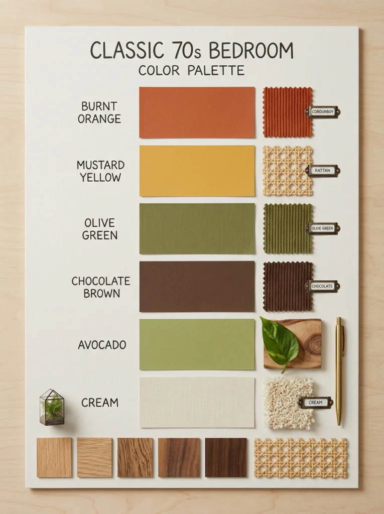 Color palette for 70s bedroom decor with burnt orange, mustard, olive, and brown
