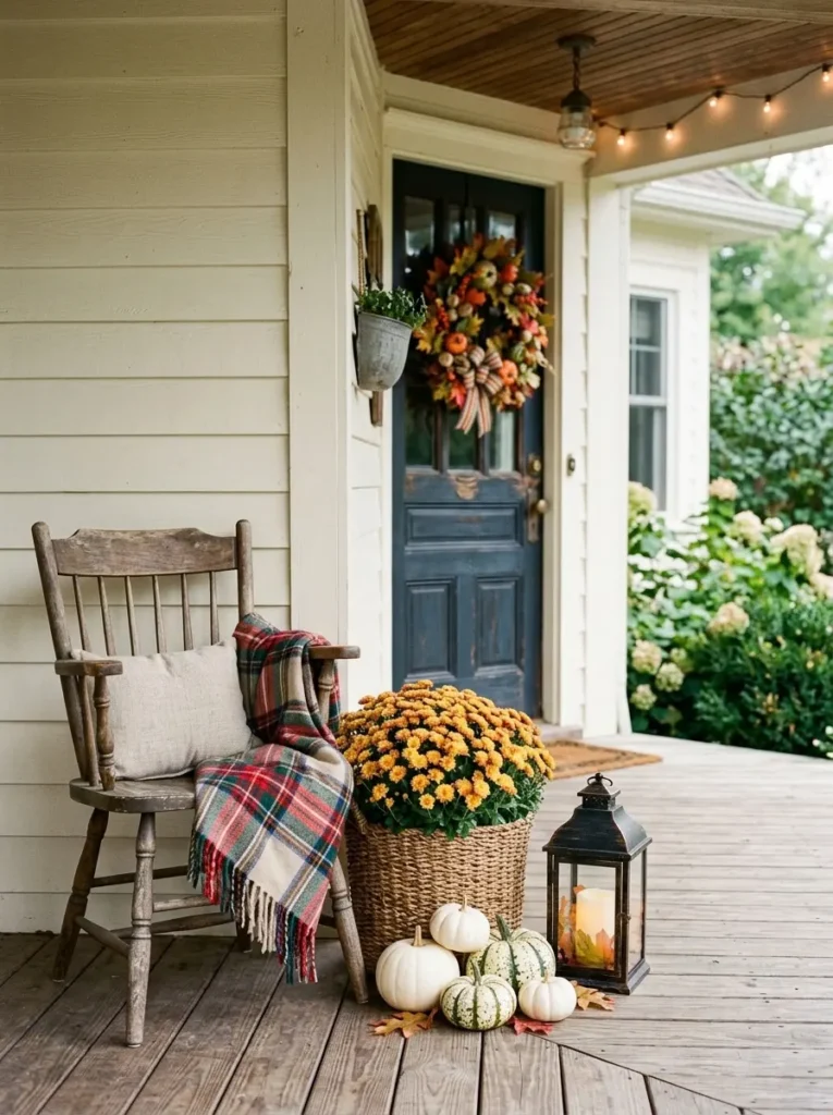 Mums paired with pumpkins, lantern, plaid throw, and wreath on a cozy fall porch