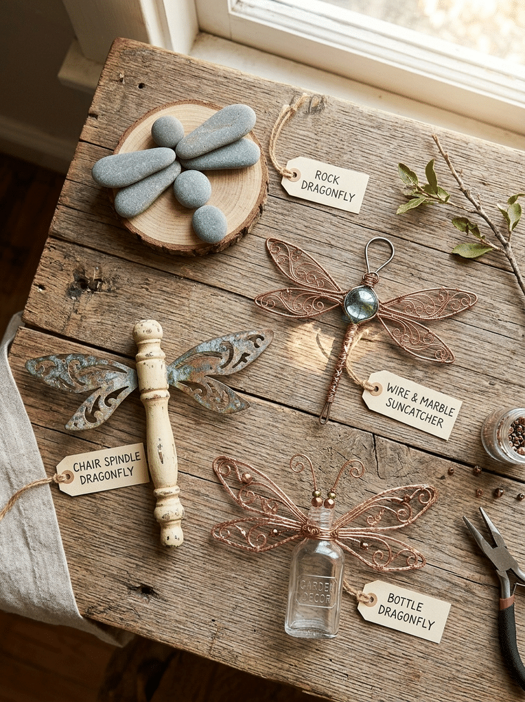 DIY dragonfly garden decor projects including rock art, a chair spindle dragonfly, a wire suncatcher, and a bottle dragonfly