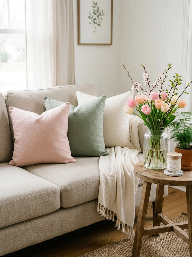 Spring decor living room swaps including linen pillows, a light throw, tulips, a fern, and a candle