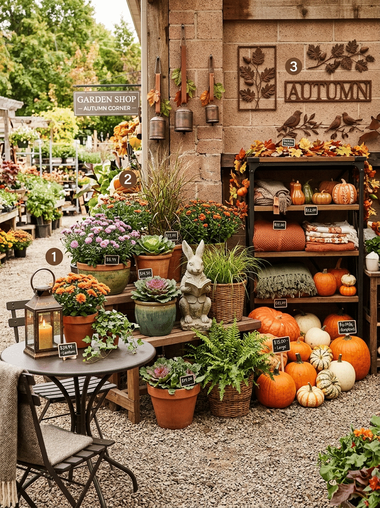Garden store display with zones for patio, planters and wall decor plus a seasonal yard decor section