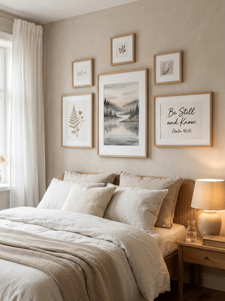 Christian bedroom ideas gallery wall above a bed with a large print, two medium prints, and three small frames