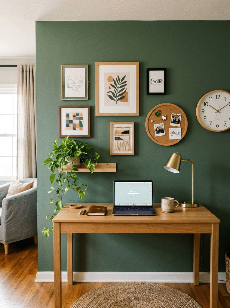 Bedroom office decor ideas with a sage green accent wall, framed art, pinboard, plants, and jute rug