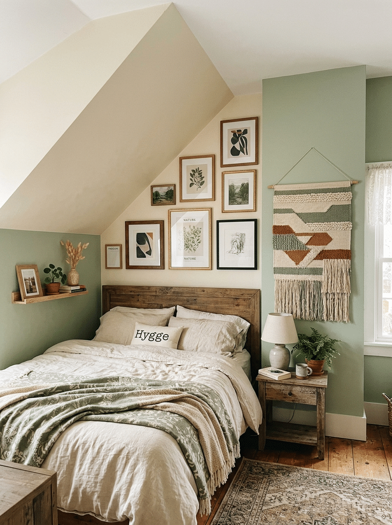 Bedroom wall decor slanted ceiling with triangle art above the bed, a gallery ledge, and two tone paint