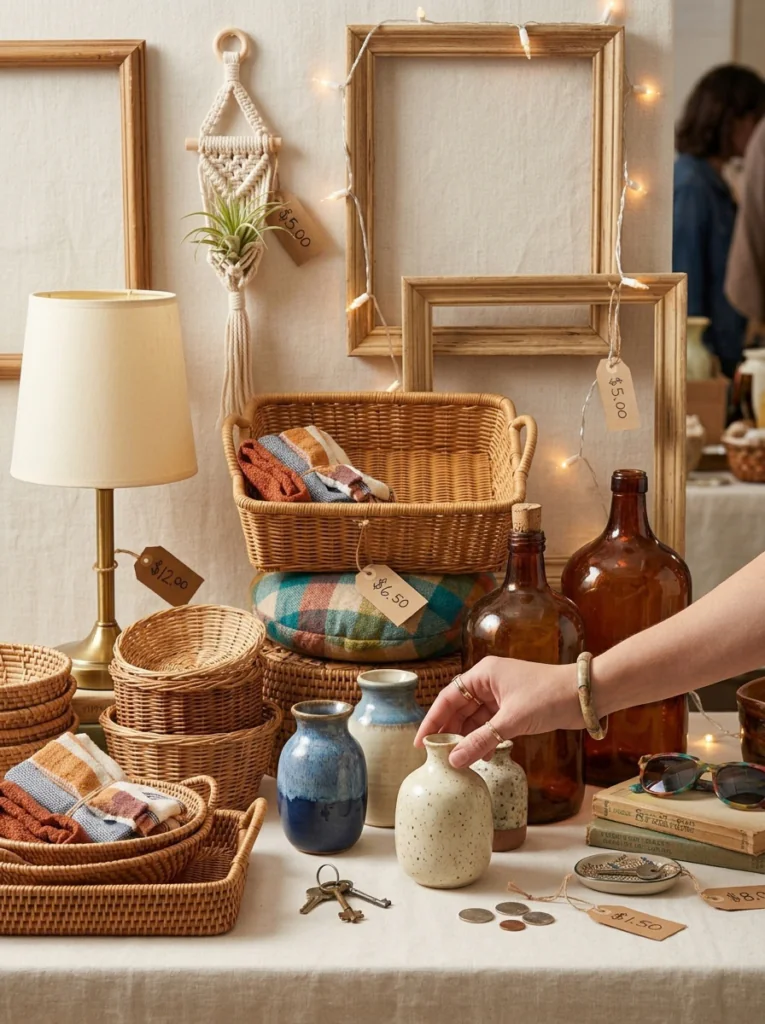  Thrift and flea market finds for 70s bedroom decor including rattan, vases, and baskets