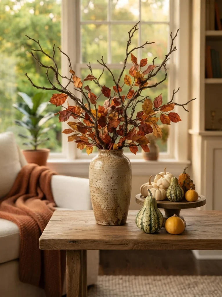 Vase of branches and fall leaves for fall indoor decor ideas.